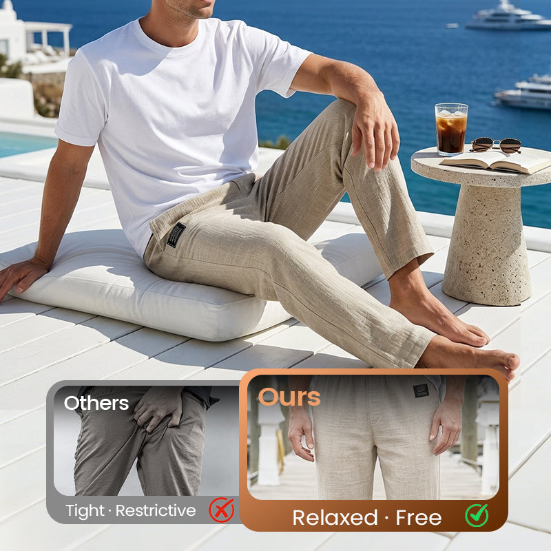 Men's linen pants in coastal resort setting