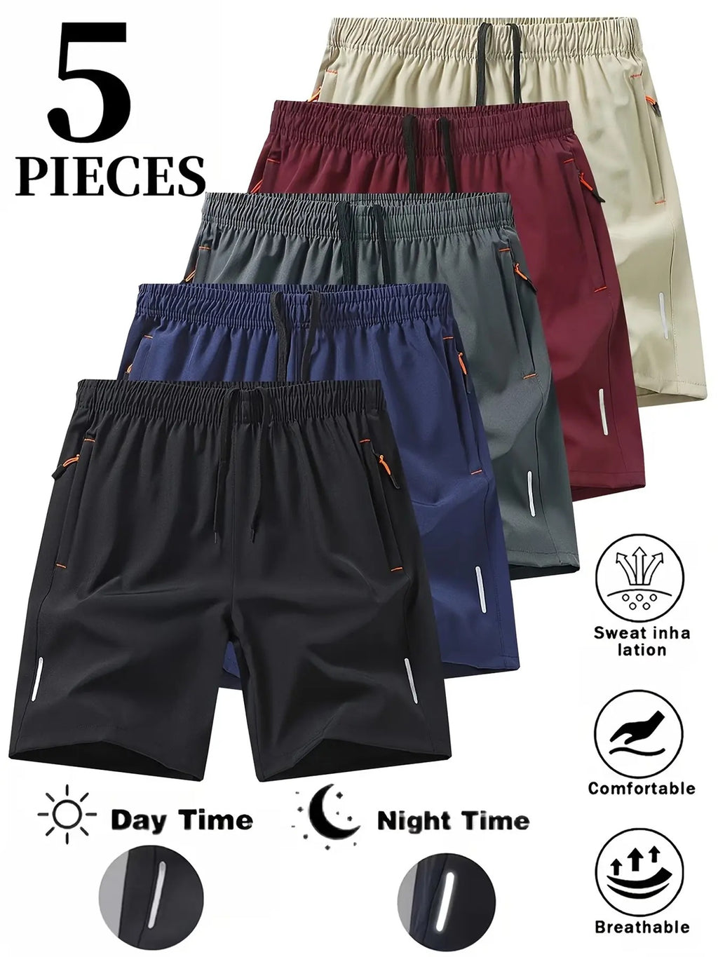 Men’s 5-Pack FlexFit Active Shorts – Stretch, Quick-Dry & Zip Pockets