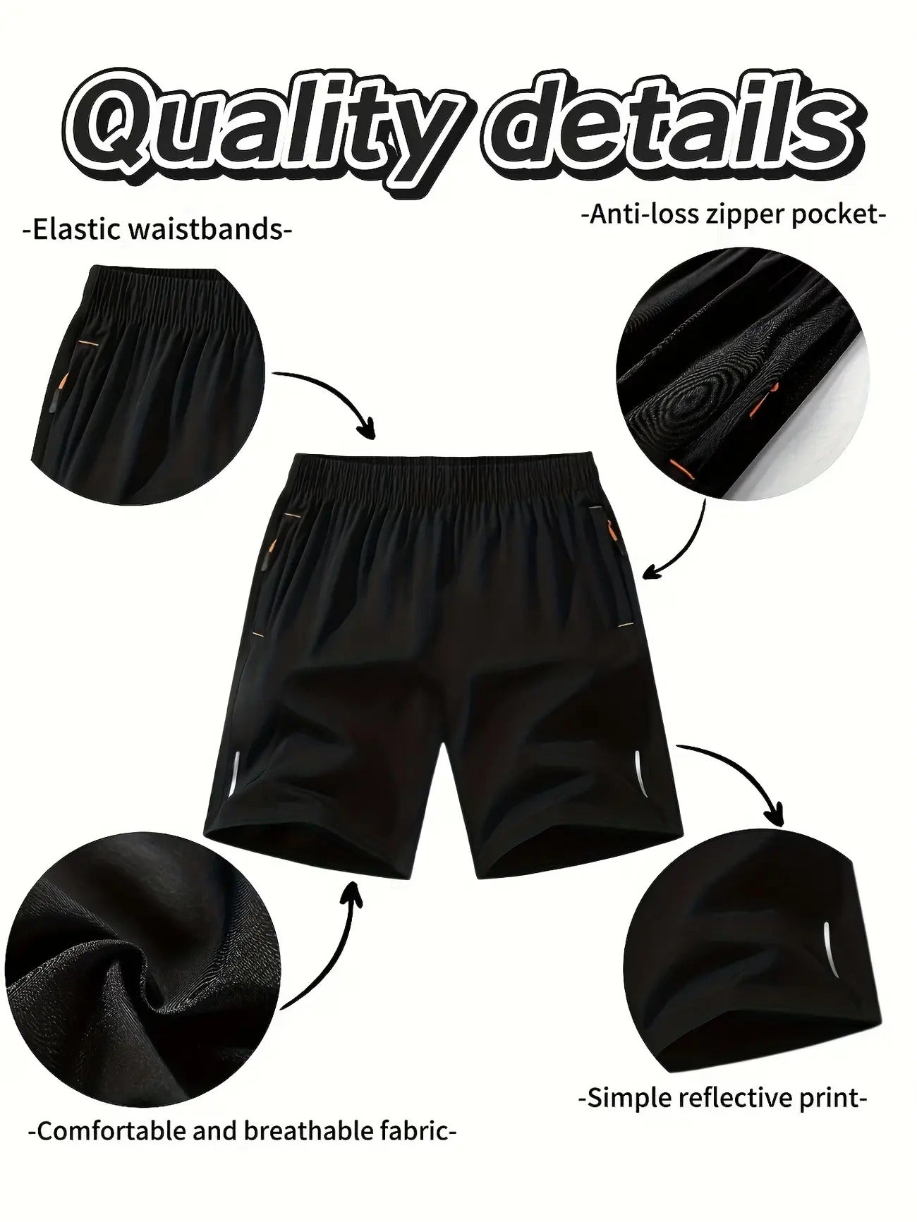 FlexFit active shorts waist, zipper pocket and reflective detail